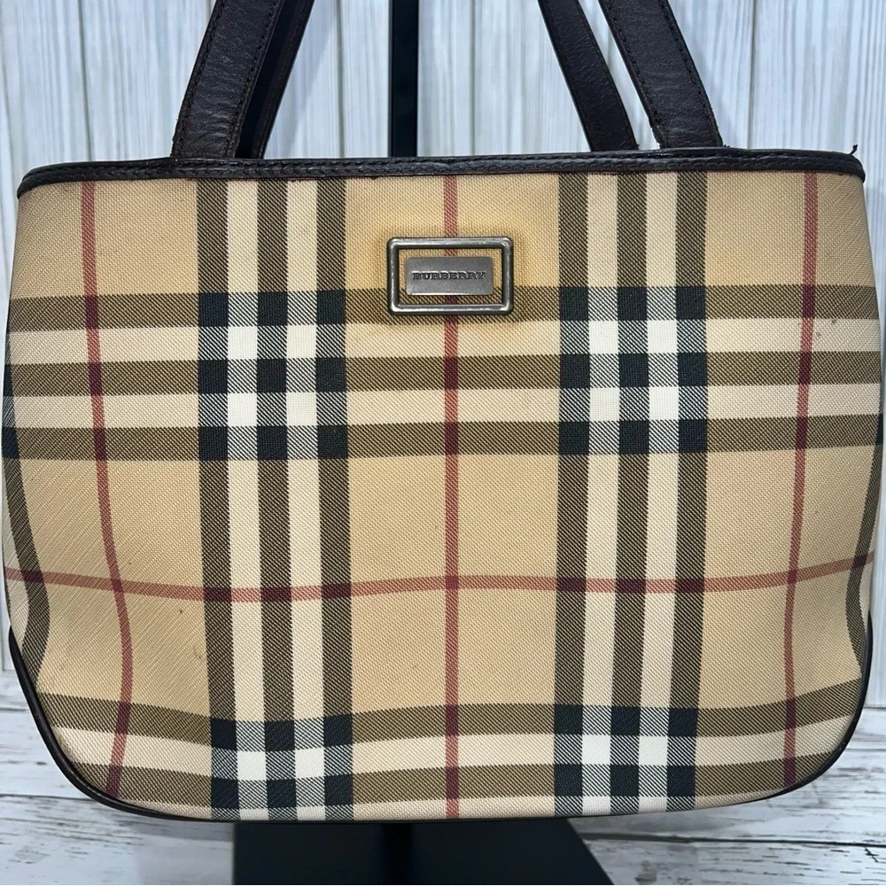 Burberry Vintage Nova Check Tote Bag Brown Leather Trim Plaid Shoulder Handbag
